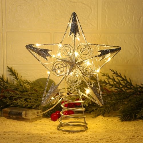 Juegoal Star Tree Topper with 20 LED Lights, Metal Silver Lighted Treetop Ornaments, Battery Powered Light Up Christmas Tree Decorations, 6.5 x 6.5 Inches - Image 5