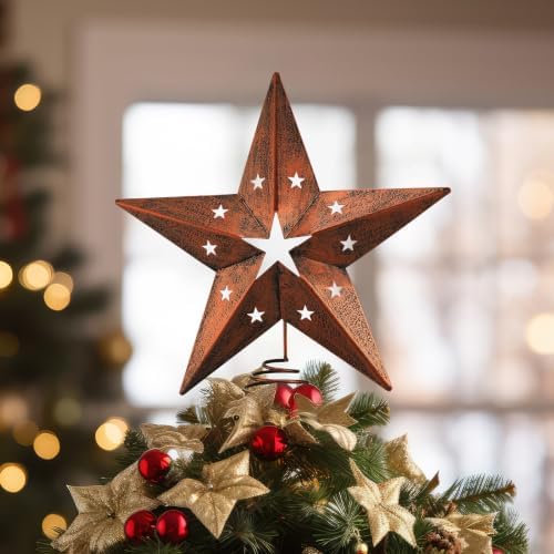 Halloscume Rustic Circle Star Christmas Tree Topper 5.91 Inch Western Christmas Tree Topper Farmhouse Metal Hollow Star Xmas Trees Ornament for Holiday Barn Farmhouse Rustic Country Home Decoration by Halloscume