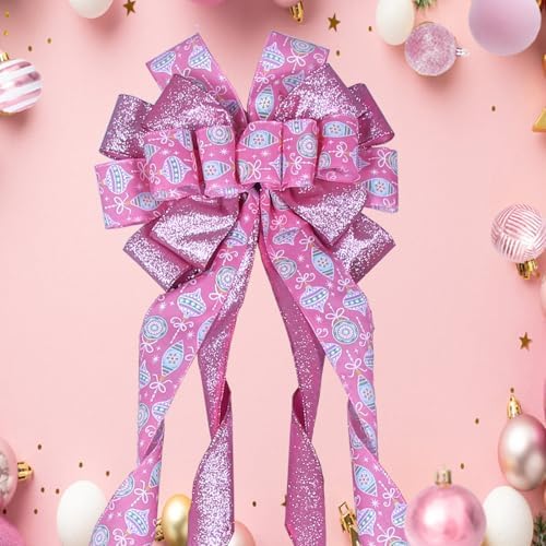 Christmas Tree Topper Wreath Bow Large Pink Christmas Bow Tree Topper 52"x13" Pink Alien Ball Glitter Satin Ribbon Gift Bows for Xmas Holiday Home Wedding Thanksgiving Indoor/Outdoor Decoration - Image 3