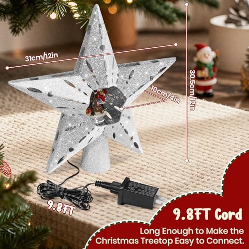 Silver Rotating Christmas Tree Topper Star with Santa Scene, 4 Warm Yellow LED Lights, Spinning Motion, Glitter Silver Finish, Tree Decoration with 9.8FT Power Cord for Holiday Home Decor - Image 3