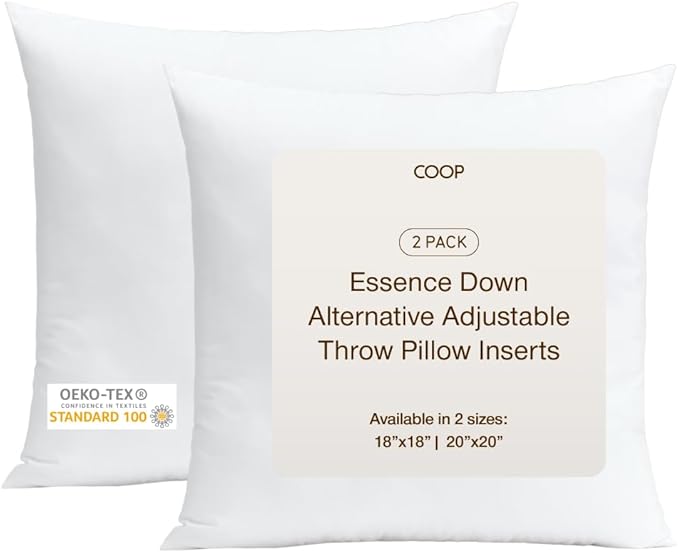 Coop Home Goods Essence Adjustable Throw Pillow Inserts 18x18, Set of 2, Adjustable Down Alternative Cushions for Couch, Bed, or Chair, Decorative Square Pillows for Living Room, Oeko-Tex Certified
