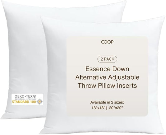 Coop Home Goods Essence Adjustable Throw Pillow Inserts 20x20, Set of 2, Adjustable Down Alternative Cushions for Couch, Bed, or Chair, Decorative Square Pillows for Living Room, Oeko-Tex Certified