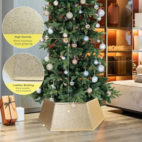 Blissun Fabric Christmas Tree Collar, Hexagonal Christmas Tree Ring, Glittering Willow Christmas Tree Skirt for Tree Decorations (Glitter Gold) - Image 3