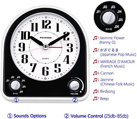 Peakeep Analog Alarm Clock Non-Ticking Silent, 7 Wake-up Sounds | with Volume Control, Nightlight and Snooze, AA Battery Operated (Black) - Image 2