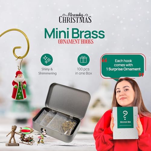 Gold Brass Christmas Ornament Hooks for Hallmark Miniature, 100 Set Tin - Image 2