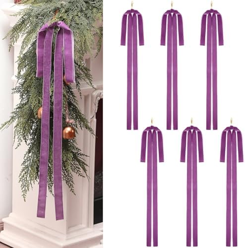 Janinka 6 Pcs Long Purple Christmas Velvet Bow Ornament Vintage Tree Decor by Janinka