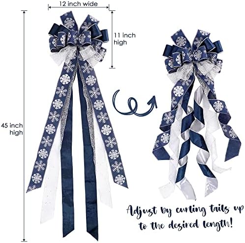 MEEDEE Navy Blue Tree Topper Navy Blue Christmas Tree Topper Bow 12 inch Wide Navy Blue Silver Glitter Yule Tree Wreath Bow Christmas Decorations Silver Snowflake Garland Bow Holiday Lantern (1 Pack) - Image 3