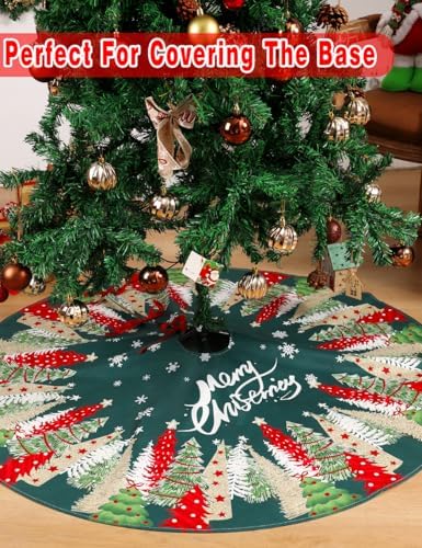Multiwins Christmas Tree Skirt 48 Inch, Green Tree Skirt with Snowflake and Christmas Tree Design, Thick Flannel Fabric, Rustic Farmhouse Xmas Tree Skirt for Holiday Christmas Decorations - Image 4