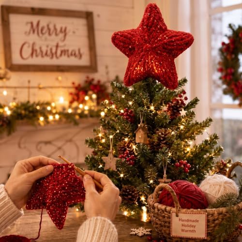 Syhood 10 Inch Crochet Star Christmas Tree Topper Red Christmas Ornament Glitter Star Farmhouse Holiday Xmas Decor for Xmas Trees Ornament Party Decoration - Image 6