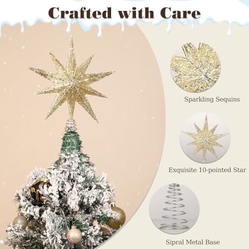 Lewondr Christmas Tree Topper Star, 13 Inch 10-Pointed Light Up Xmas Star Treetop with Plug and Remote Control for Home Christmas Decoration, 6H Timer & 8 Lighting Modes, Warm Light, Gold - Image 5