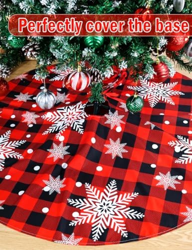 Multiwins Christmas Tree Skirt Red and Black Buffalo Plaid Tree Skirt Snowflake Design, 48 inches Thick Layer Farmhouse Rustic Xmas Tree Skirts for Christmas Decorations and New Year Holiday Party - Image 3