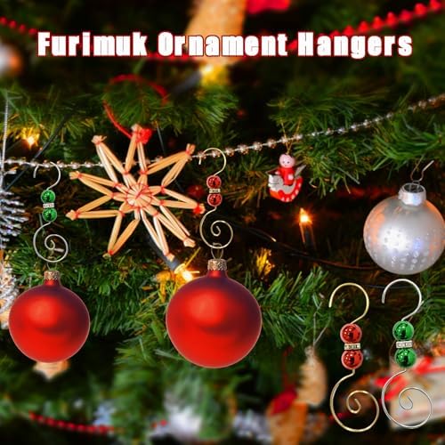 Furimuk 20 Pcs Acrylic Jewels Christmas Ornament Hooks - Red & Green, Silver & Gold Wire Hangers with Lobster Claws for Stockings & Balls - Image 4