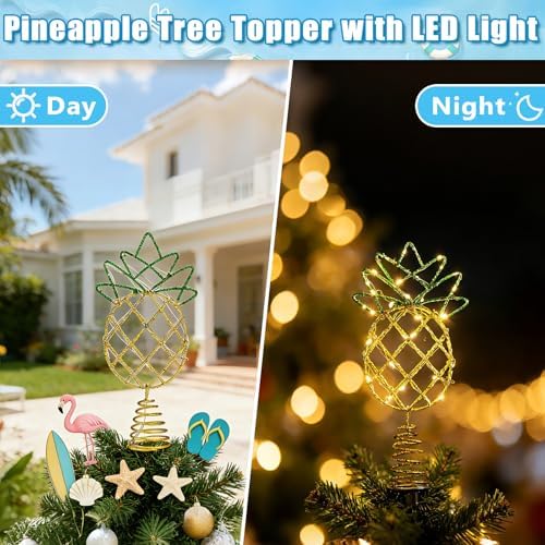 12" Gold Shiny Pineapple Summer Tree Topper with LED Lights - Image 4