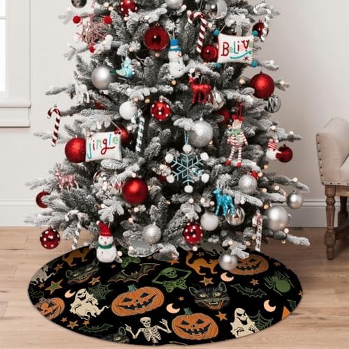 Halloween Tree Skirt 36Inch Pumpkins Ghosts Halloween Christmas Tree Decorations Skulls Spider Cat Black Tree Skirt for Fall Holiday Party Home Decor - Image 6