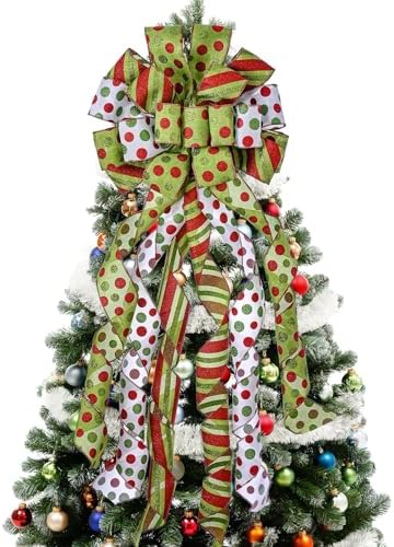 Christmas Tree Topper Wreath Bow Large Green Christmas Bow Tree Topper, Red Green Dot Polyester Gift Bows for Xmas Ornament Holiday Home Thanksgiving Indoor/Outdoor Decoration 45"x13" by Sailup