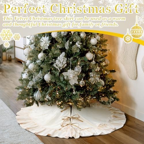 Velvet Christmas Tree Skirt, 48 Inches, Bow Style, Ivory White - Image 5