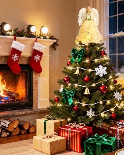 Angel Tree Topper with Lights, 12'' Christmas Tree Topper Angel, Battery Operated Lighted Treetop Ornaments, Elegant Christmas Tree Decorations for Indoor Office Holiday - Image 2