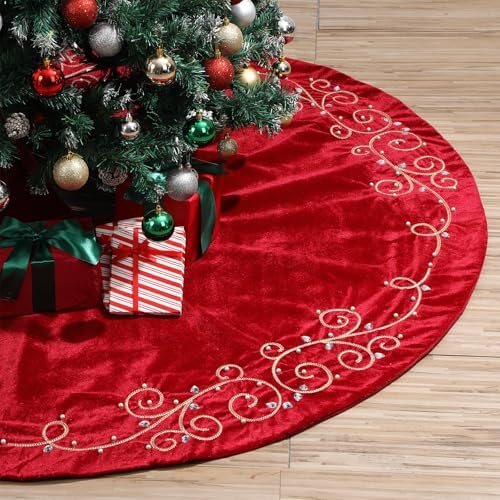 36inch Christmas Tree Skirt Red Luxury Velvet Plush Fur Skirts Baroque Tree Skirts with Gold Embroidered Pearls and Crystals Xmas Velvet Trees Skirt for Christmas Holiday Party Home Decorations by QOUBAI