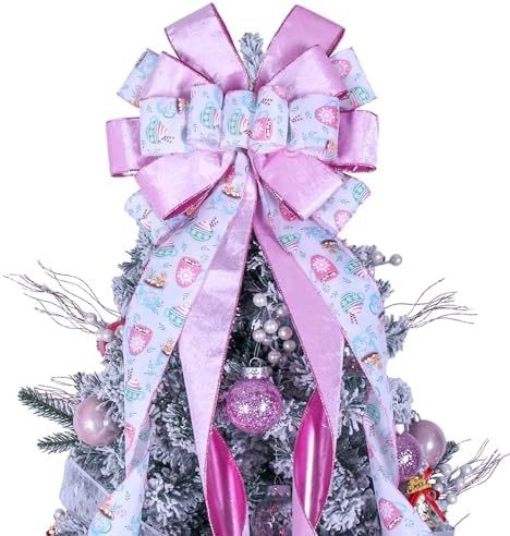 Christmas Tree Topper Wreath Bow Large Pink Christmas Bow Tree Topper 52"x13" Pink Ice Cream Pattern Velvet Ribbon Gift Bows for Xmas Holiday Home Wedding Thanksgiving Indoor/Outdoor Decoration by Sailup