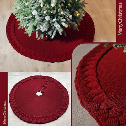 NIBESSER Knit Tree Skirt Red 48" Christmas Tree Skirt Red Knitted Tree Skirt Mat for Christmas Decorations Yarn Thick Rustic Cable Knit Tree Mat for Home Party Holiday Ornaments - Image 4