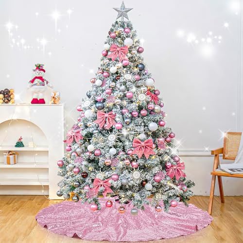 Christmas Tree Skirt Pink 36 Inch Sequin Fabric Glitter Tree Skirts Xmas - Image 3