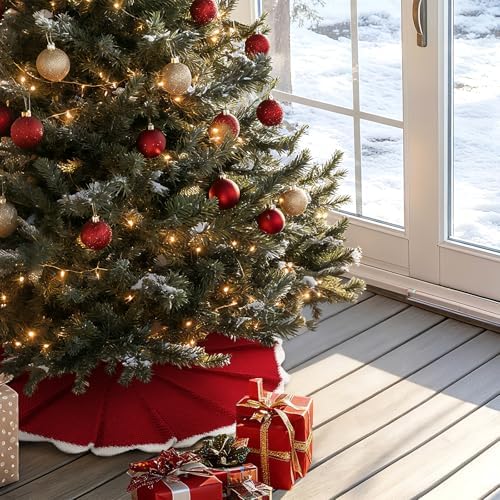 NIBESSER Red Knit Christmas Tree Skirt 48" for Christmas Decorations - Yarn Thick Rustic Cable Knit Tree Skirt Mat for Home Party Holiday Ornaments - Image 5
