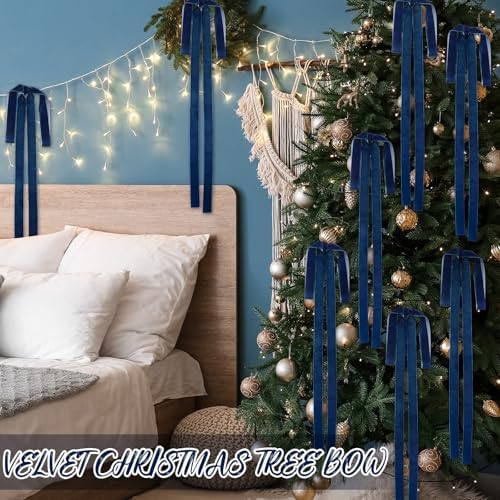 Janinka 12 Long Haze Blue Christmas Velvet Bow Ornament Vintage Tree Decor - Image 6