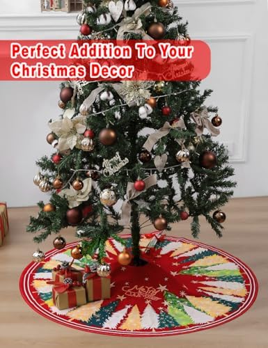 Multiwins Christmas Tree Skirt 48 Inch, Red Christmas Tree Skirt with Christmas Tree and Star Design, Thick Flannel Fabric, Xmas Tree Skirt for Holiday Decorations - Image 3