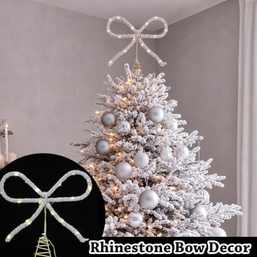 Retisee 9.8 Inch Bow Christmas Tree Topper LED Rhinestone Decor, Silver - Image 6