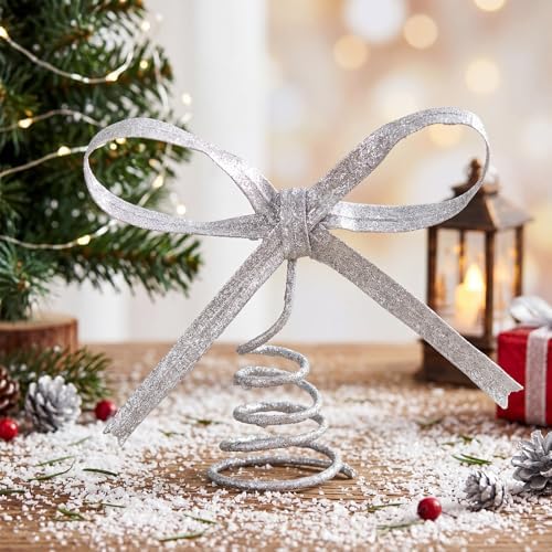 Gejoy Christmas Bow Tree Topper Silver Rhinestone Bow Tree Topper with Spiral Base for Holiday Xmas Party Christmas Decorations Wedding Birthday Party Gift - Image 4