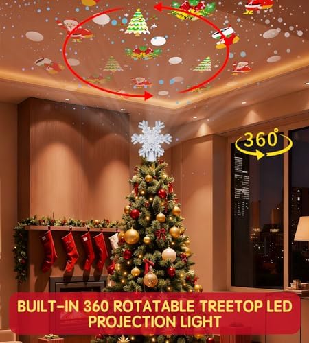 Christmas Tree Topper Lighted Decorations, Built-in Led 360° Rotating Projector Lights, Silver Spangles Plug in for Indoor Home Xmas New Year Party Holiday Night Tree Decor - Image 3