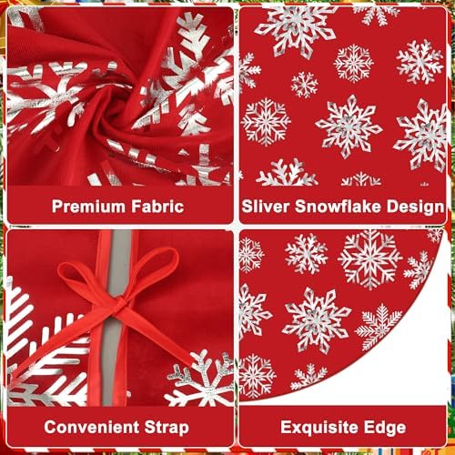 48 Inch Christmas Snowflake Tree Skirt Silver Snowflake Red Christmas Tree Skirt Large Red Round Xmas Trees Mat with Silver Snowflakes for Winter Holiday New Year Party Xmas Trees Home Decor - Image 3