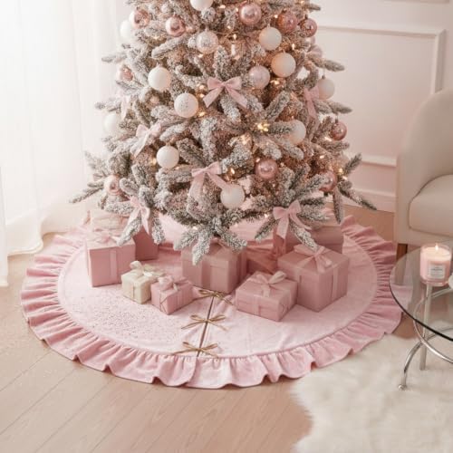 Velvet Christmas Tree Skirt, 60 Inches, Bow Style, Pink - Image 2