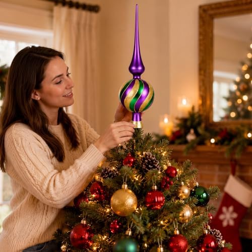 Gejoy Mercury Glass Christmas Finials Tree Topper Mardi Gras Ornaments Spherical Blown Glass Xmas Tree Topper Finials Carnival Masquerade Holiday Indoor Suitable for Party Decoration, 9.8inches - Image 4