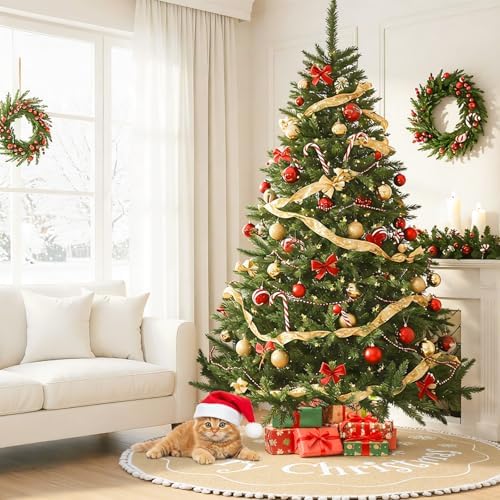AerWo 72 inch Extra Large Christmas Tree Skirt, Rustic Burlap Tree Skirt Vintage Xmas Cover for Christmas Party Mat Indoor Outdoor Fall Holiday Family Winter Farmhouse Decorations - Image 5