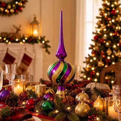 Gejoy Mercury Glass Christmas Finials Tree Topper Mardi Gras Ornaments Spherical Blown Glass Xmas Tree Topper Finials Carnival Masquerade Holiday Indoor Suitable for Party Decoration, 9.8inches - Image 3