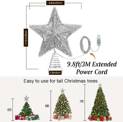 Lewondr Lighted Christmas Star Tree Topper with Remote & Timer, Silver - Image 4
