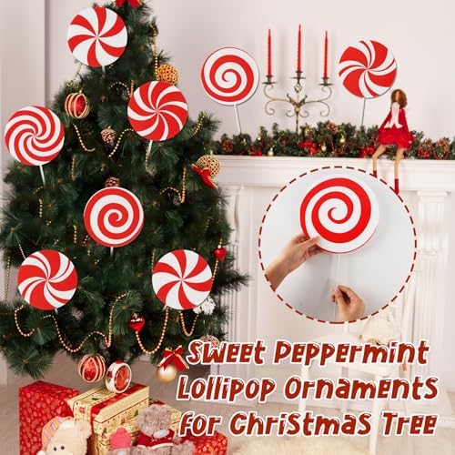12Pcs Large Candy Christmas Tree Decorations Peppermint Lollipop Christmas Picks for Tree, 7.87" Red and White Candy Ornaments, Plastic Candyland Tree Topper for Xmas Holiday Party Vase Decor - Image 5