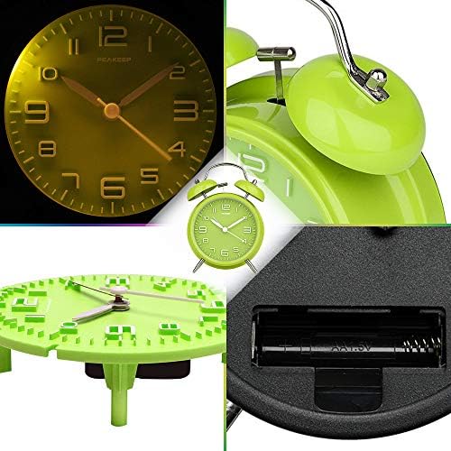 Peakeep 4 Inches Twin Bell Loud Alarm Clock for Heavy Sleepers | Backlight, Battery Operated Old Fashioned Alarm Clock for Bedrooms Kids' Room (3D-Dial, Green) - Image 4