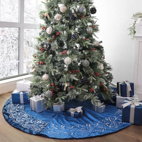 Bunny Chorus Christmas Tree Skirt, 72 inch Large Velvet Fur Plush Blue Tree Skirt, Xmas Tree Skirts with Silver Embroidered Wave Pattern for Merry Christmas Party Christmas Tree Decorations - Image 7