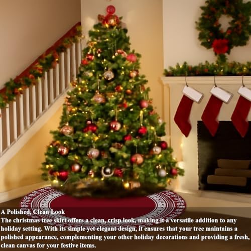 Christmas Tree Skirt 48 Inches | Red Xmas Tree Skirt with Rustic Snowflake & Reindeer Pattern, Fits 5 to 7 Foot Trees, Perfect Christmas Decorations for Holiday Trees. - Image 7