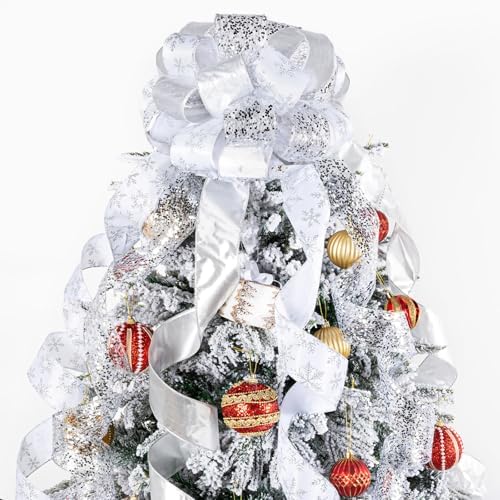 Silver Glitter Christmas Tree Topper Bow 11 Inch with 6 Ribbon Tails 3 Yards Long Wired Ribbon for Holiday Easy Style Party Decoration by LEEQE
