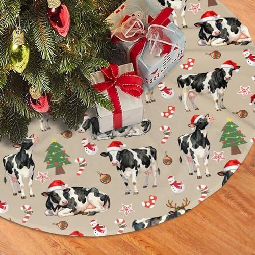 Cow Christmas Tree Skirts with Tassel Xmas Tree Skirt for Home Holiday Indoor Outdoor Seasonal Decors 30" by DNXFUHR