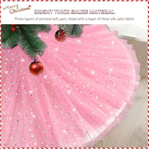 FIABC Christmas Wedding Tree Skirt,45 inch 4-Layer Fluffy Romantic Pleated Sparkly Skirt Decoration Xmas Tree Ornament for Holiday and Party(Pink) - Image 2