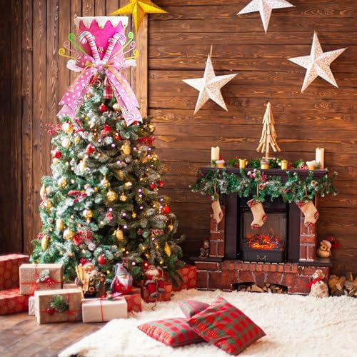 Christmas Tree Topper Hat, Candy Canes Tree Topper, Pink Tree Topper Christmas Decorations with Bow Ribbon Christmas Tree Ornaments for Home Decor - Image 6