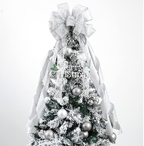 MEEDEE Silver Christmas Tree Topper Silver Glitter Christmas Bows 12" Wide Snowflake Ribbon Bow Silver Christmas Bows Silver Tree Topper Silver Bows for Christmas Tree (1 Pack) by MEEDEE