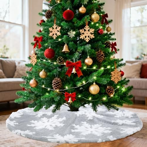 48 Inch Christmas Tree Skirts Snowflakes Tree Skirt Large Grey White Tree Skirts Luxury Tree Skirt Soft Velvet Fabric for Christmas Tree Party Ornaments by LJIE-House