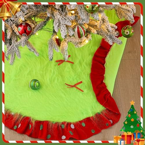 Hollowfly Red and Green Christmas Tree Skirt Furry Plush Lime Green Christmas Tree Skirts Whimsical Xmas Decorations Holiday Glittering Dot Mat Faux Round Carpet for Home Xmas Party Decor(60 Inch) - Image 3