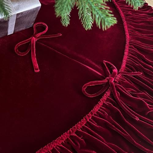 Ruffled Velvet Christmas Tree Skirt with Foam Padding, Nylon Backing and Lace-Up Tie Closure (Burgundy, 60-Inch) - Image 4