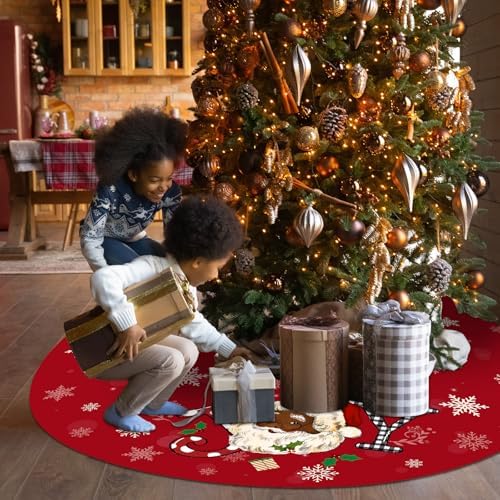 Tiamon Christmas Tree Skirt - 48 Inch Red African American Xmas Tree Mat Decor Snowflake Joy Santa Claus Decor for Winter Holiday Christmas Decoration Supplies - Image 6